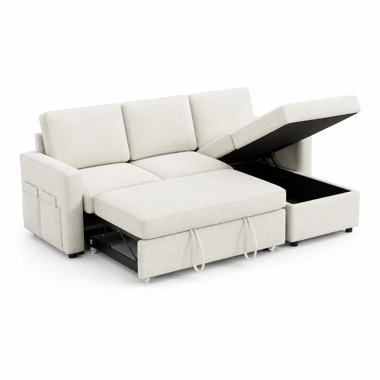 Divano letto angolare in tessuto con contenitore Beige