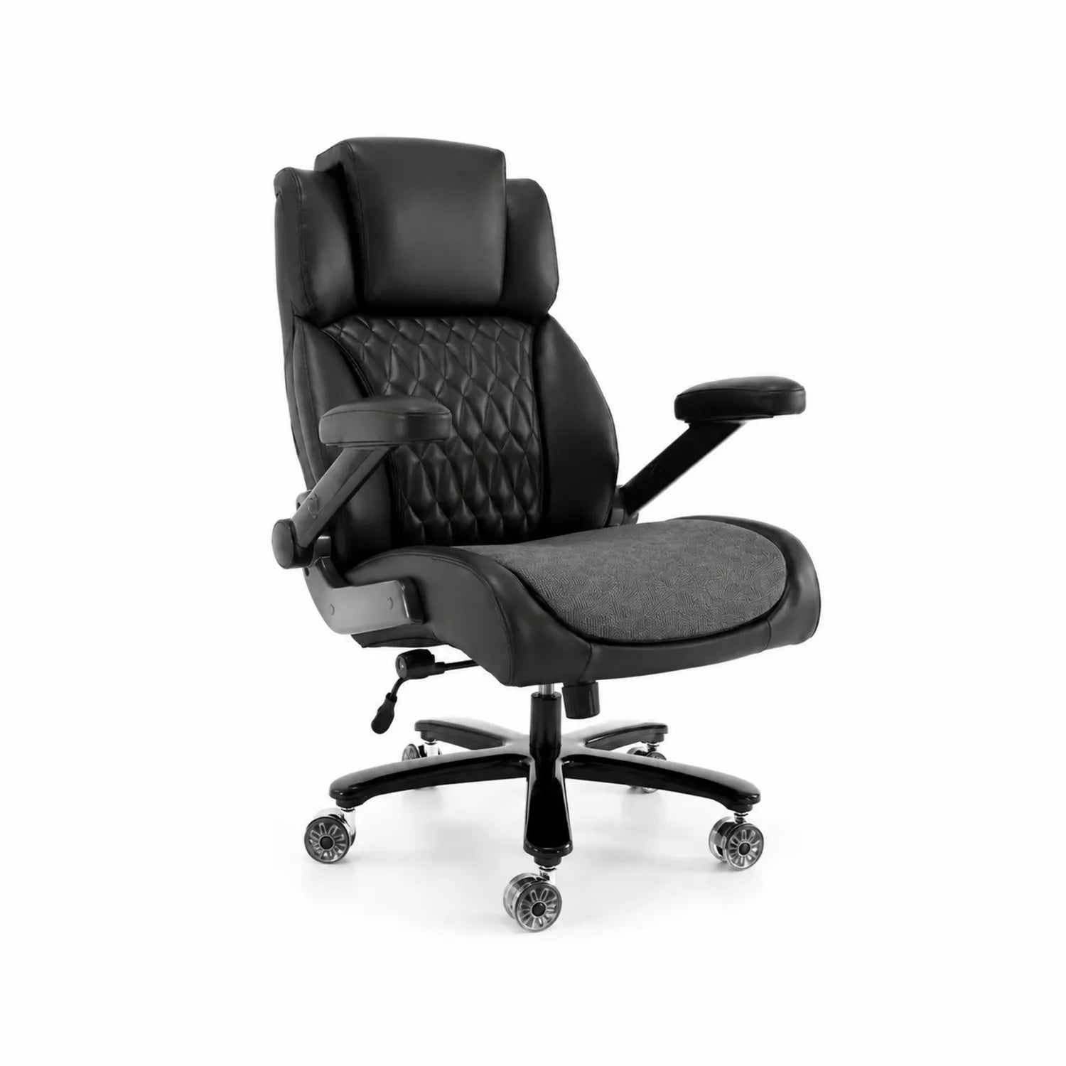 Sedia da ufficio regolabile in metallo con rivestimento in pelle sintetica e tessuto a rete nero e grigio