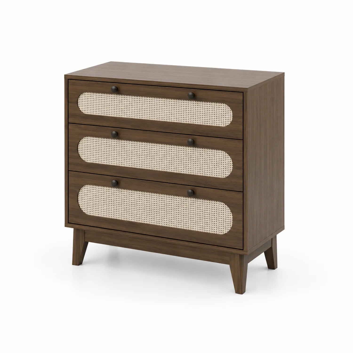 Cassettiera in legno con 3 cassetti in rattan