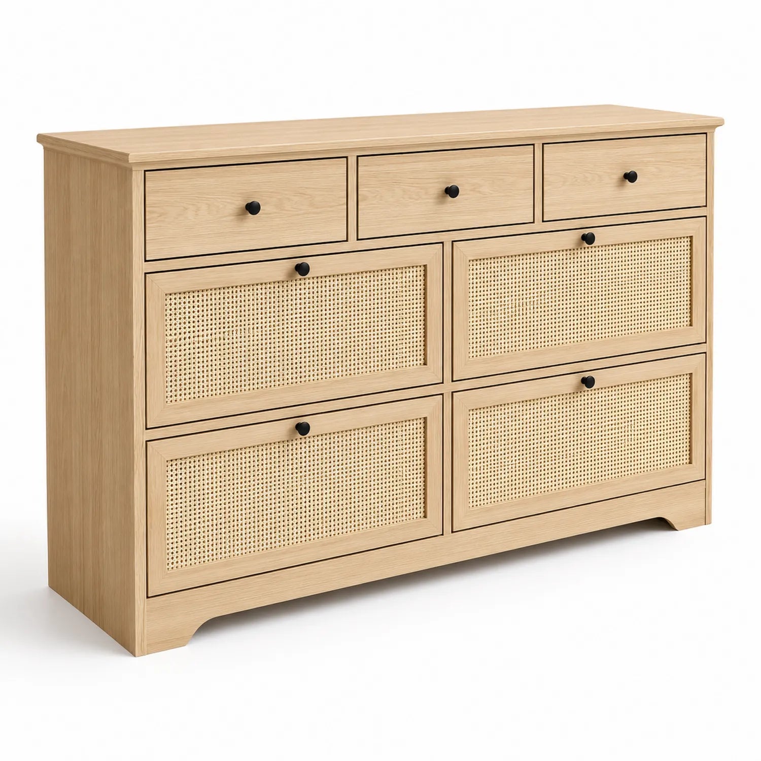 Cassettiera in Legno di Rovere e Rattan con 7 Cassetti