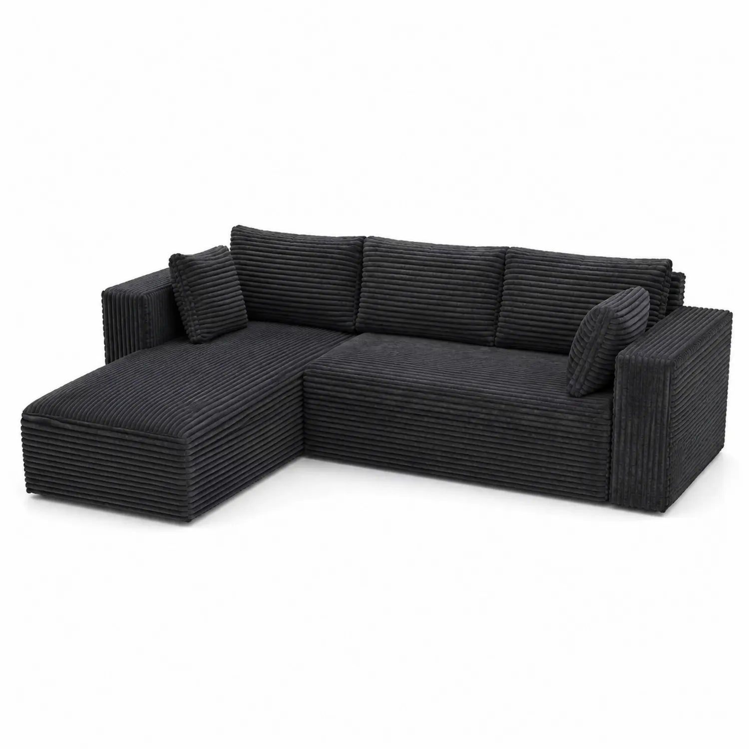 Divano angolare in velluto a coste nero con chaise-longue e cuscini