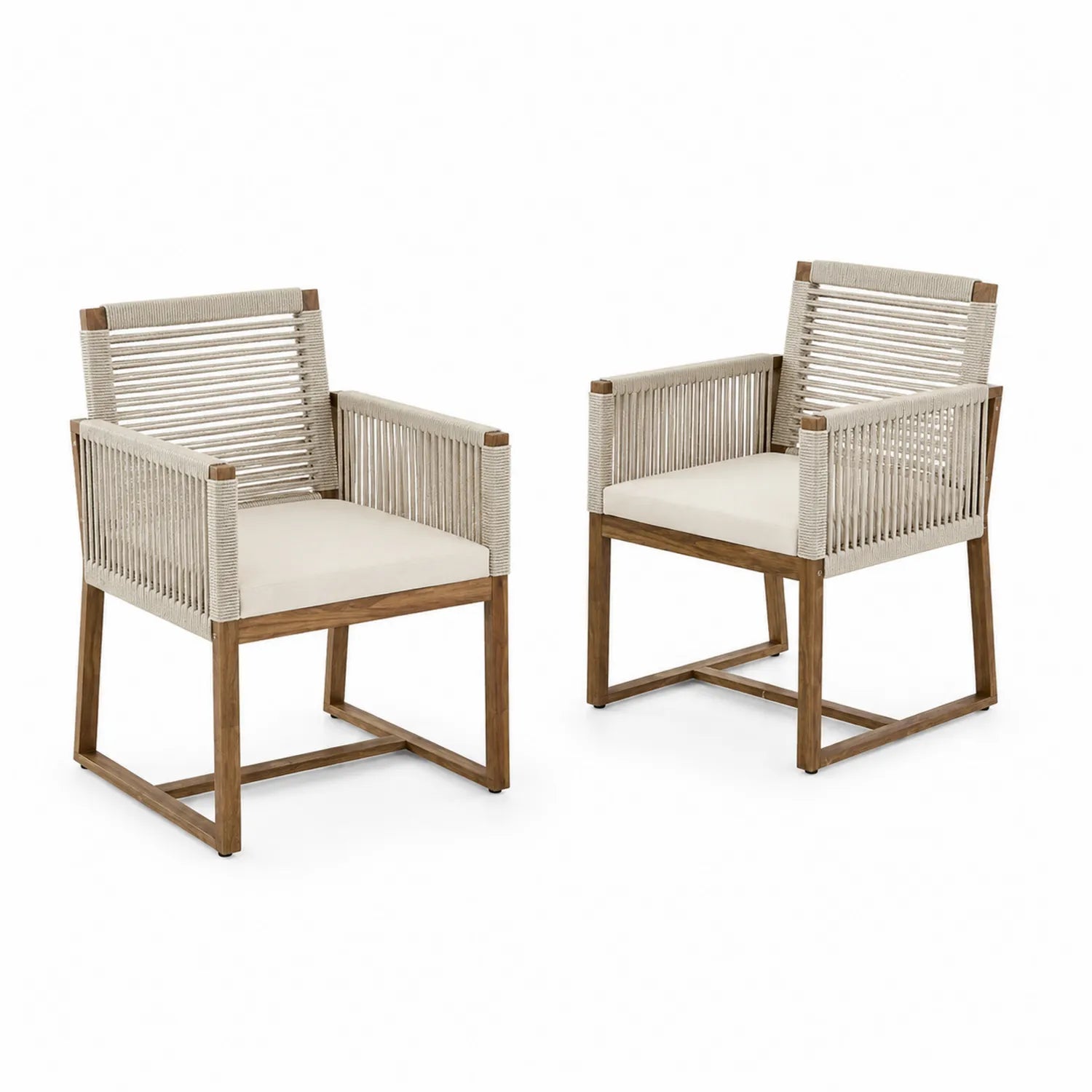 Set di 2 Sedie da Esterno in Legno di Teak e Corda Beige