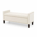 Panca contenitore rettangolare in tessuto con borchie e gambe in legno 120x40x60 cm Crema