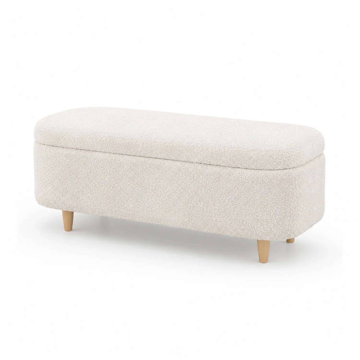 Panca in tessuto bouclé con contenitore e gambe in legno