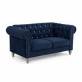 Divano Due Posti Velluto Blu con Gambe in Legno
