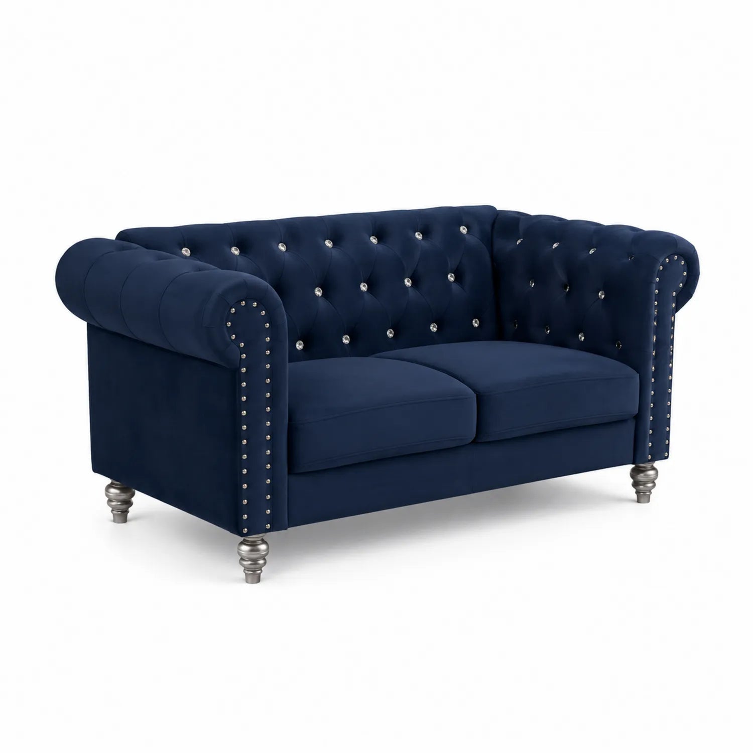 Divano Due Posti Velluto Blu con Gambe in Legno