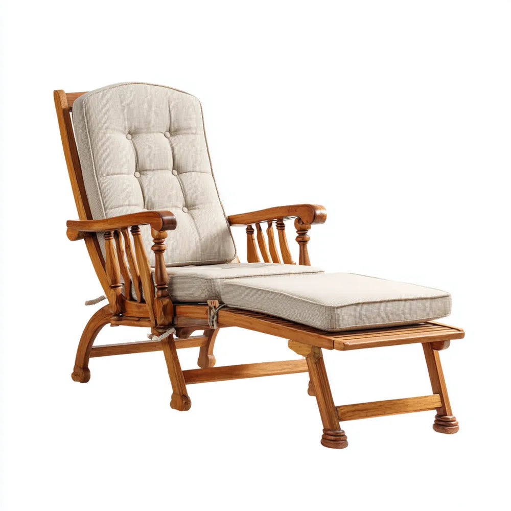 Outdoor Recliner Chair 150x60x100 cm - Wooden Frame Beige Cushions - Traditional Design