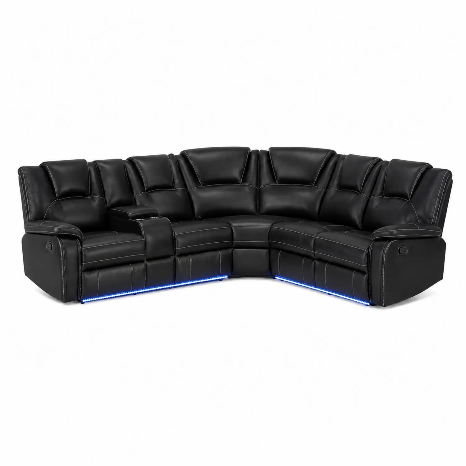 Divano angolare in pelle nera con luci LED