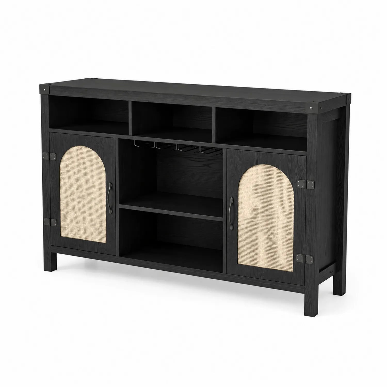Credenza in Legno Nero con Ante in Fibra Naturale 110x35x85 cm