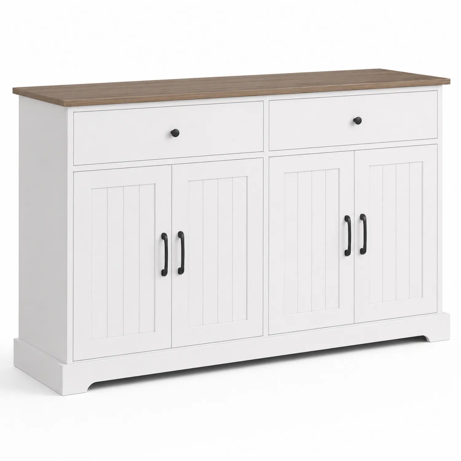Credenza in legno bianco con maniglie nere, 4 ante e 2 cassetti