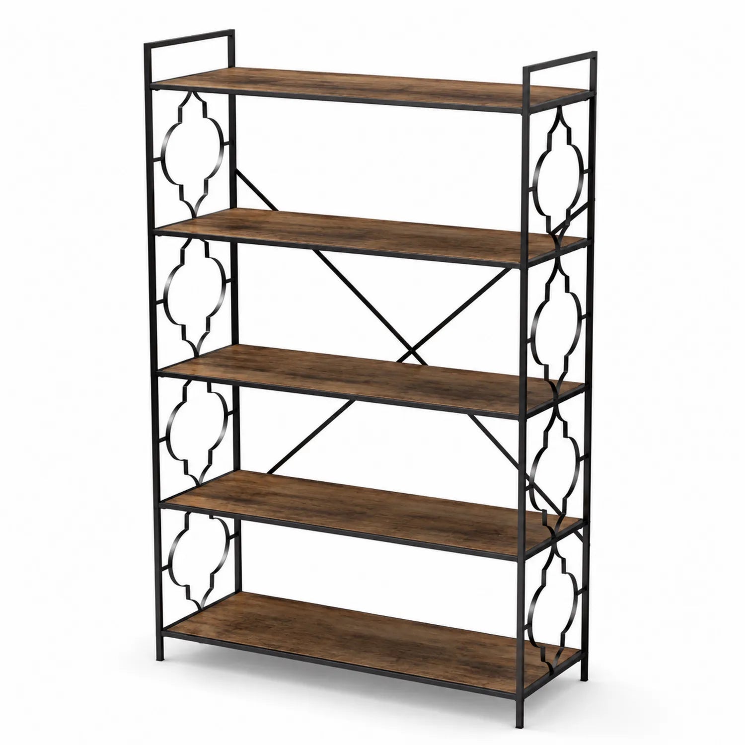 Scaffale in Metallo Nero e Legno Marrone con 5 Ripiani