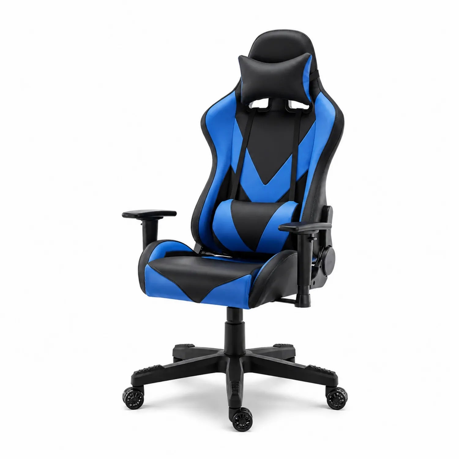 Sedia da gaming in metallo e pelle sintetica blu e nera con braccioli regolabili