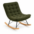 Sedia a dondolo in tessuto bouclé verde con struttura in metallo e base in legno