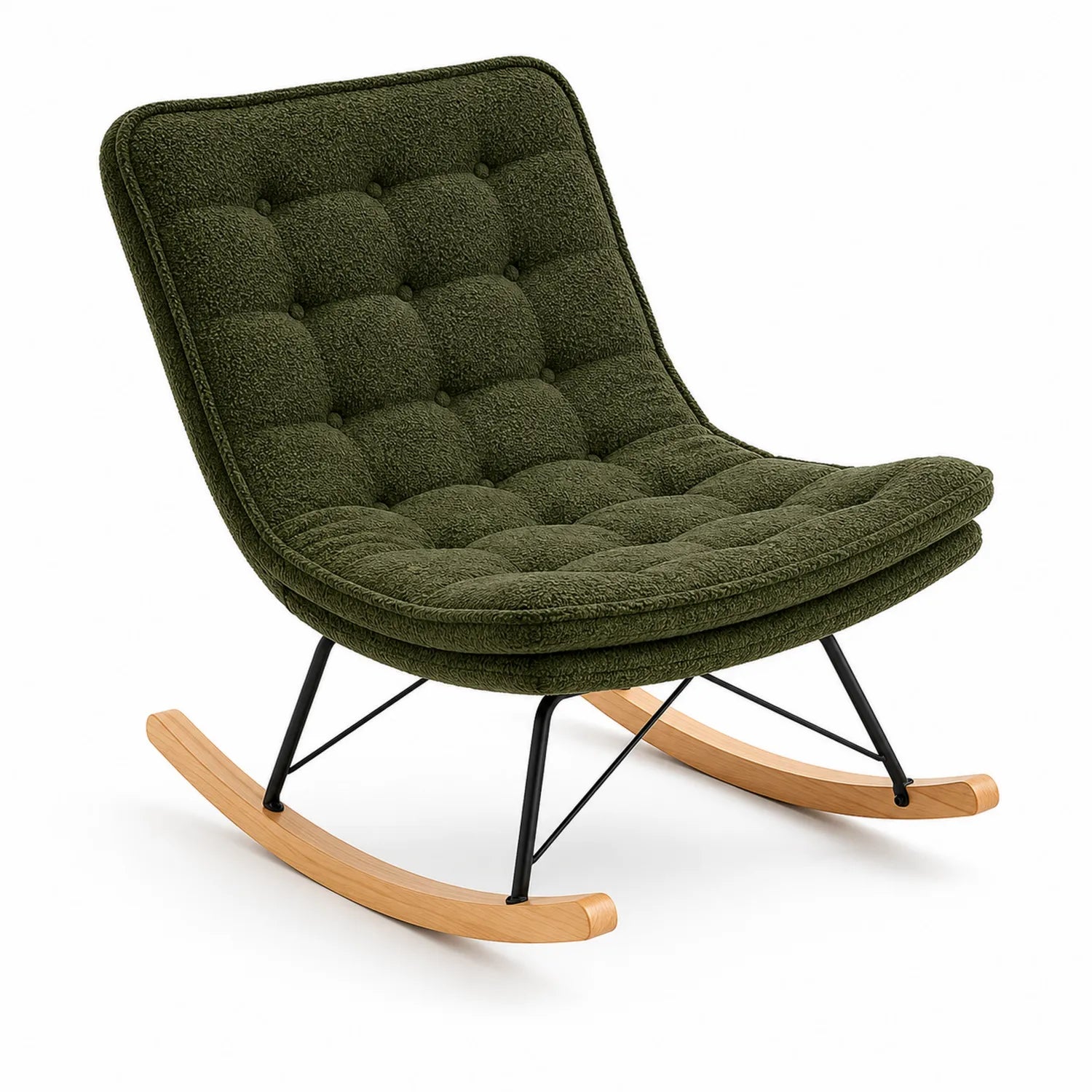 Sedia a dondolo in tessuto bouclé verde con struttura in metallo e base in legno