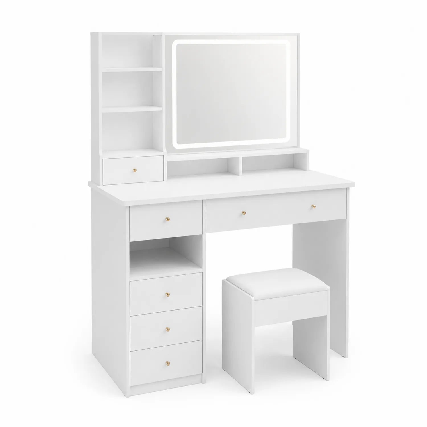 Toeletta con Specchio LED e Sgabello in Legno Bianco