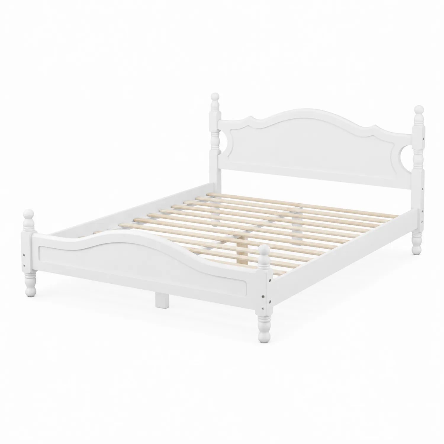 Letto Matrimoniale in Legno di Pino con Testiera Intagliata Bianco