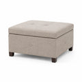 Pouf Contenitore in Tessuto Beige con Gambe in Legno