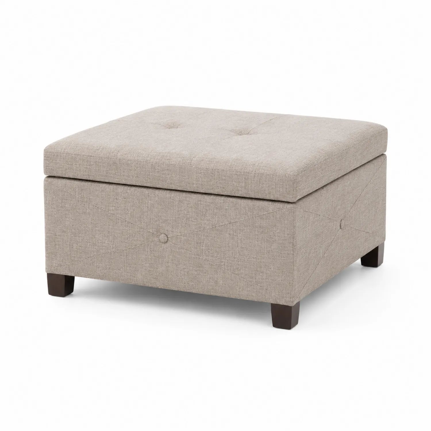 Pouf Contenitore in Tessuto Beige con Gambe in Legno