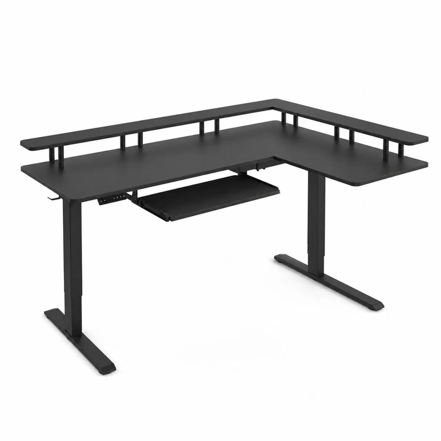 Scrivania angolare regolabile in legno laminato e acciaio, Nero