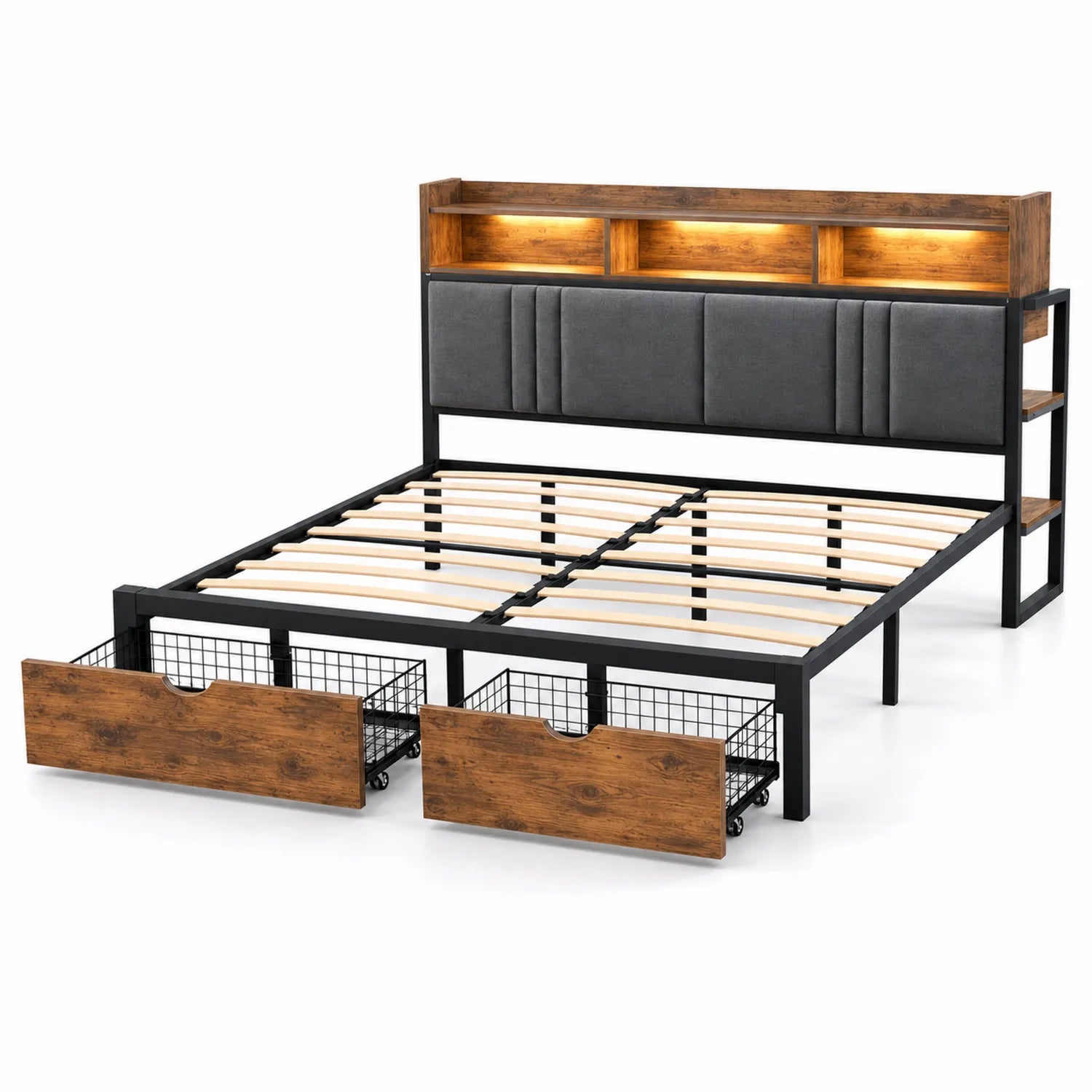 Letto matrimoniale in metallo e legno con scaffale e cassetti integrati