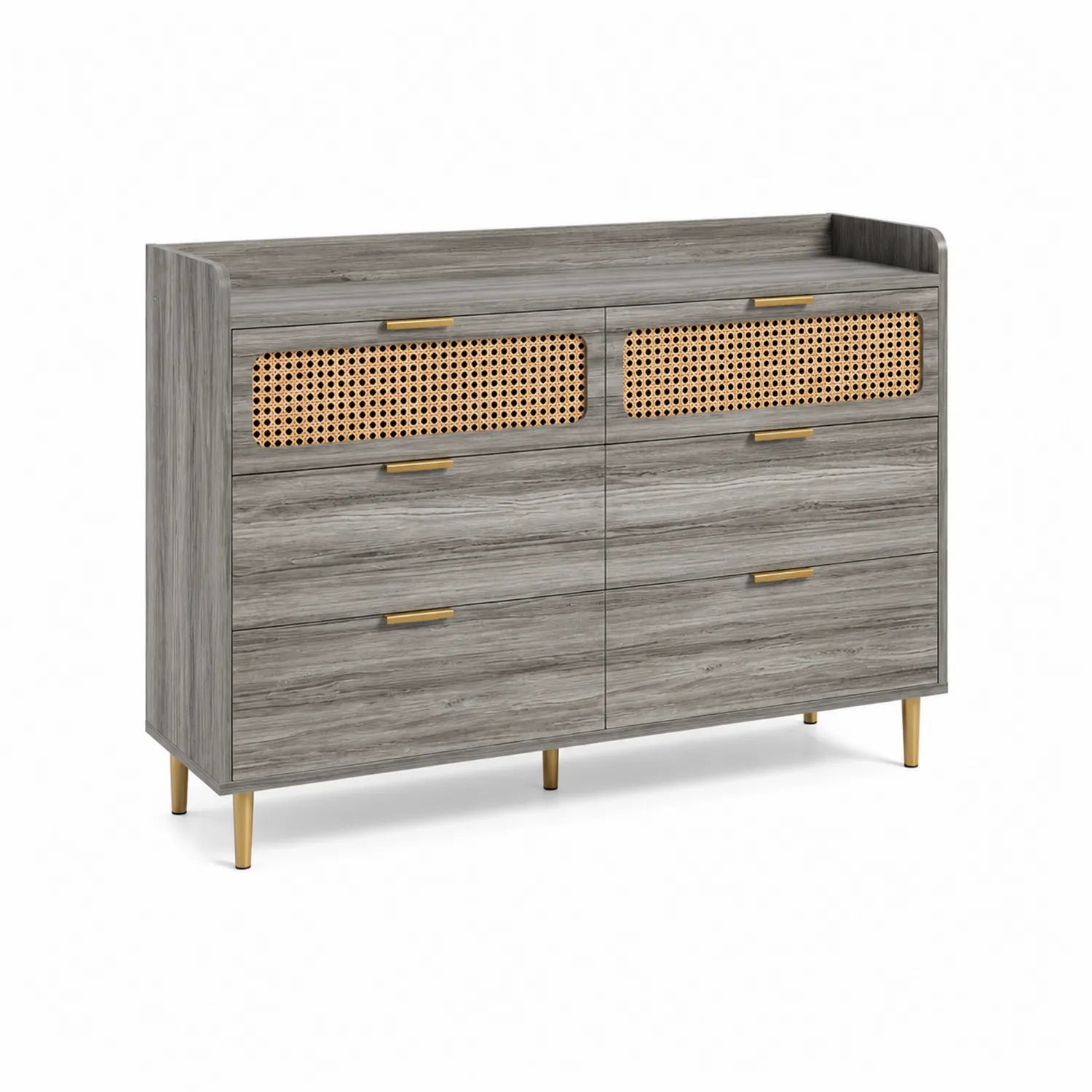 Cassettiera in MDF e Rattan con Gambe in Metallo Dorato, Grigio