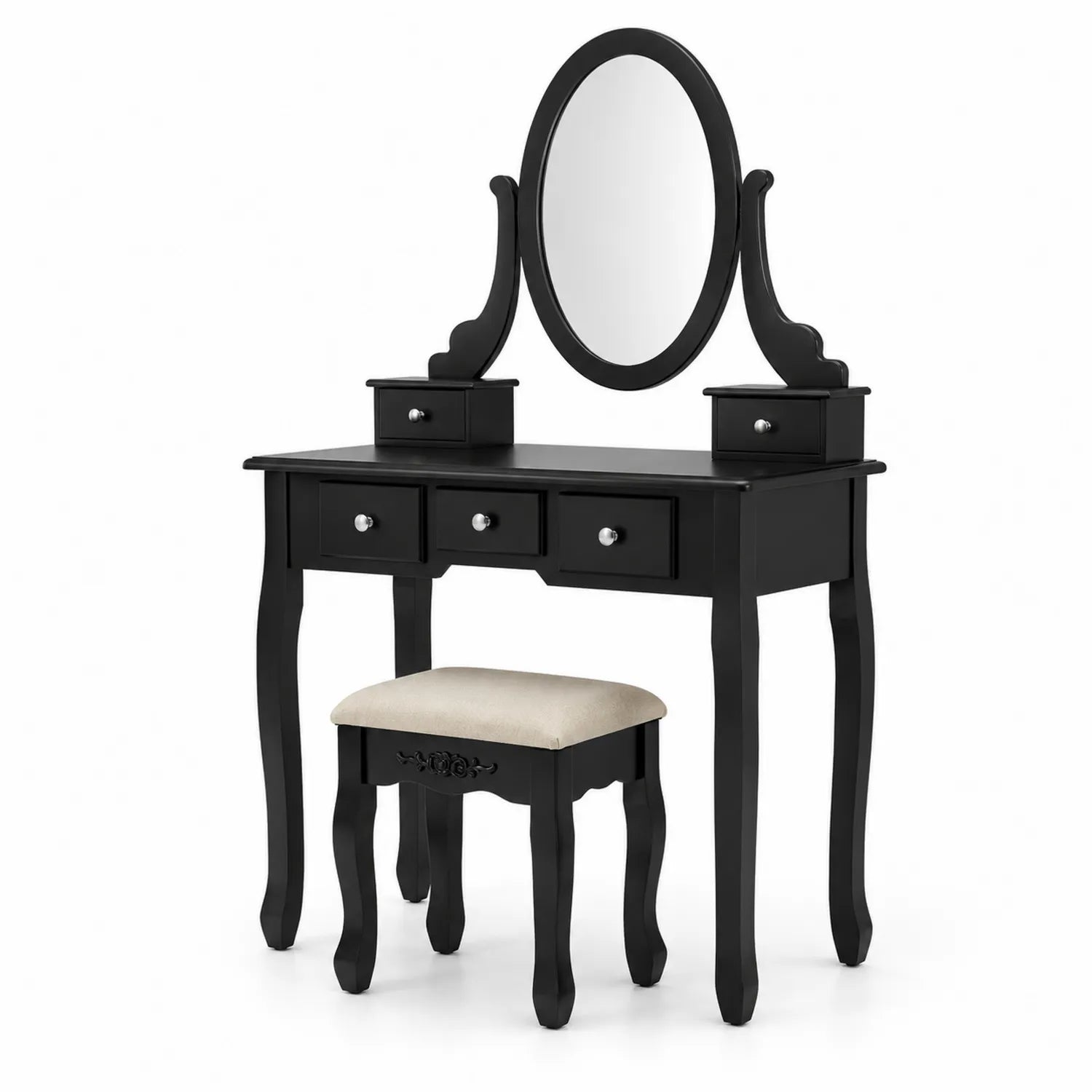 Toeletta in Legno Nero con Specchio Ovale e Sgabello Imbottito