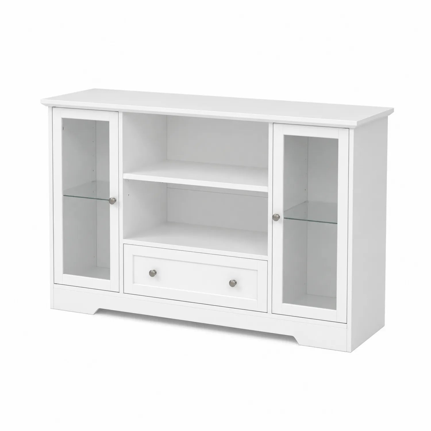 Credenza in MDF con Ante in Vetro Temperato e Cassetto Bianco, 120x40x85 cm