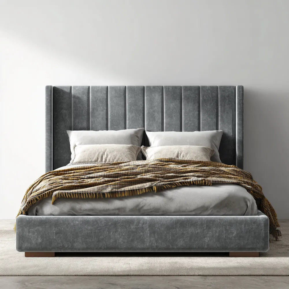 Velvet Upholstered Double Bed - 180x200x120 cm - Gray - Modern Design