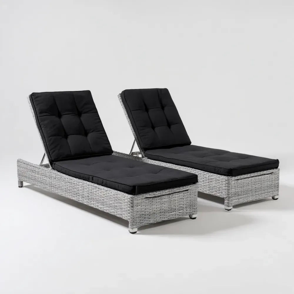 Patio Recliner Set Wicker 200x65x32 cm - Grey/Black Cushions - Adjustable Backrest